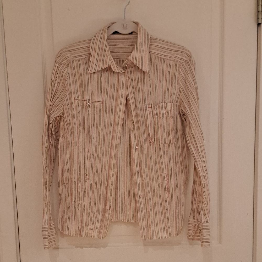 Striped Long-Sleeve Button-Up  in Cream and Tan with jeweled bling